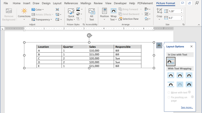 Параметры форматирования изображения в Word