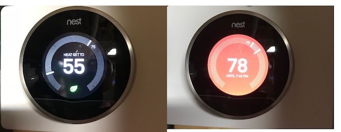 Дисплей Nest показывает текущую температуру и режим