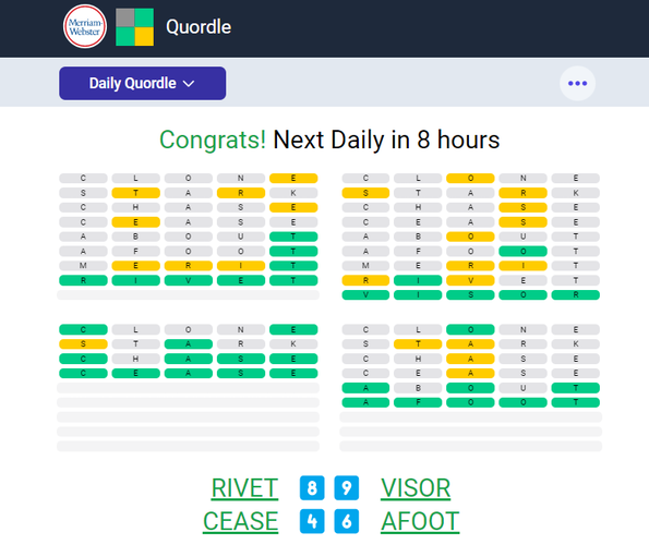 Игрок выигрывает в Quordle, угадал все четыре секретных слова