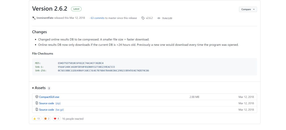 страница загрузки CompactGUI версии 2.6.2 на GitHub