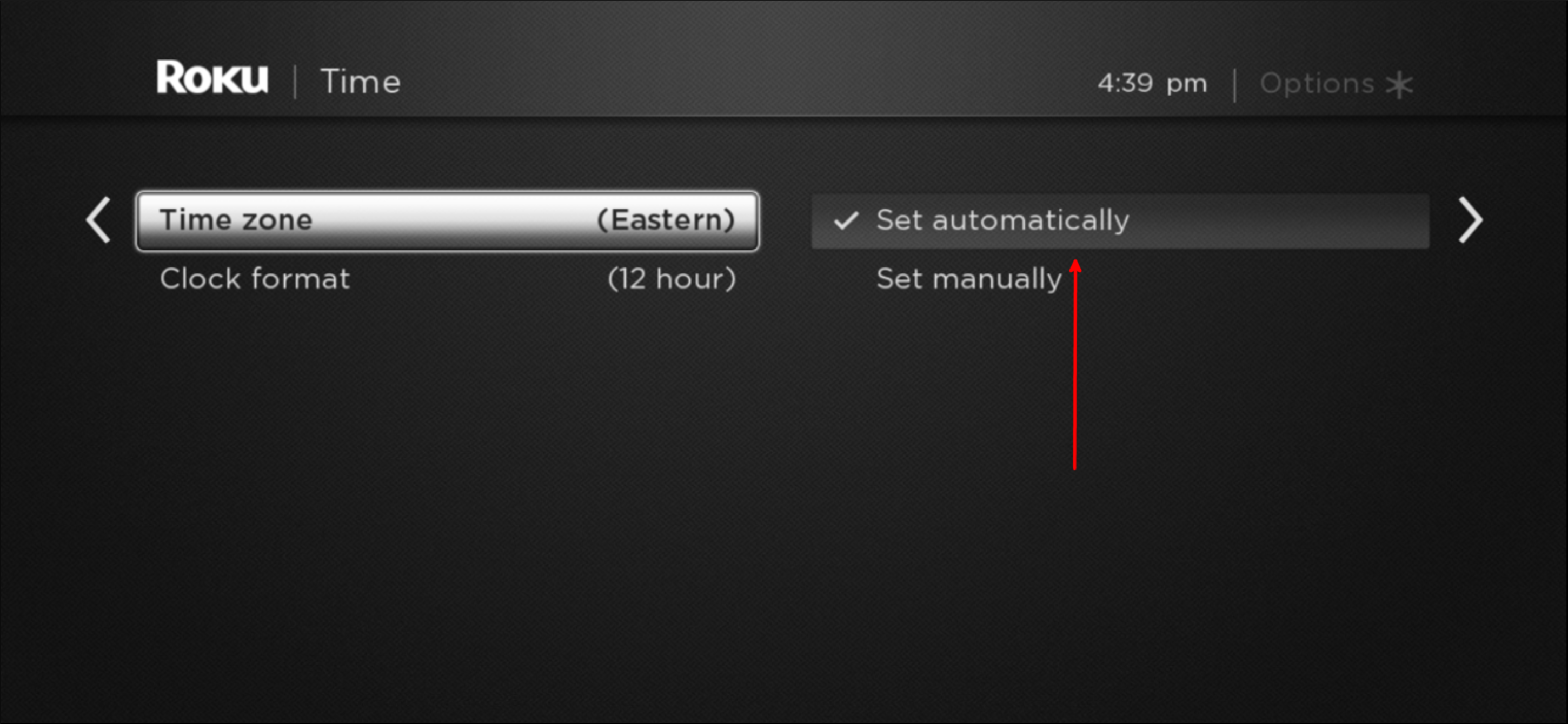Опция автоматического времени на Roku