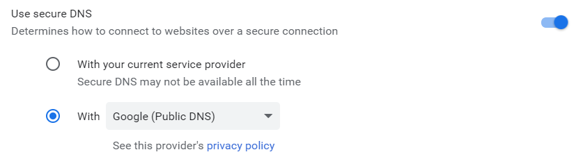 Chrome DNS over HTTPS settings — скриншот настроек Chrome с включённым пунктом 