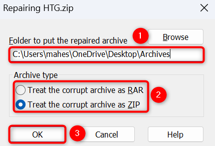 Select target folder, archive type, and click