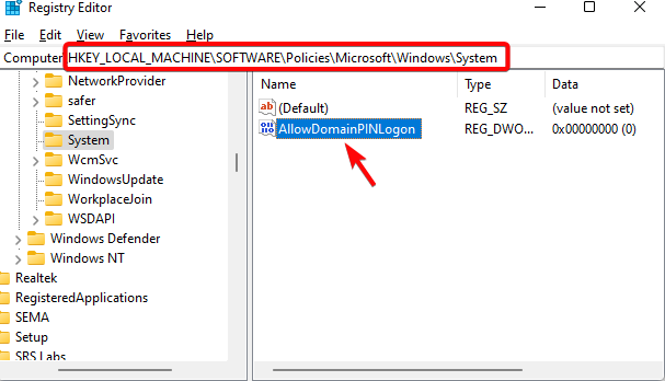 Окно с ключом AllowDomainPINLogon в реестре