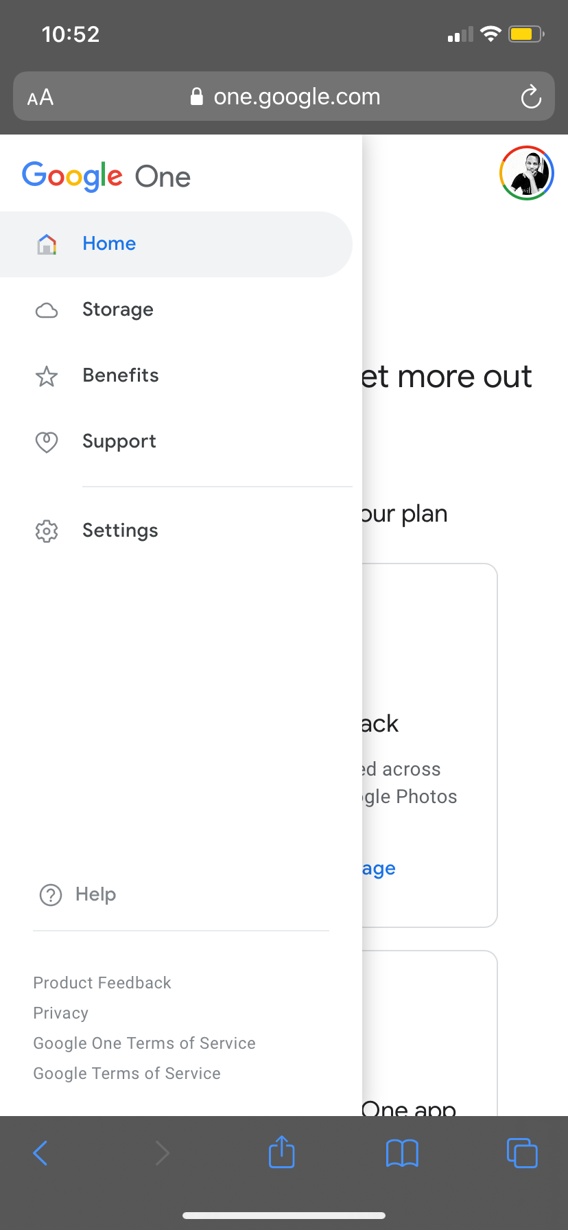Пункт меню приложения Google One с опциями членства и настройки.