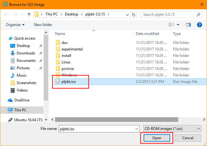 Окно выбора ISO: выбран файл Plop Boot Manager