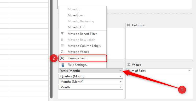Контекстное меню поля в области Строк: выбран пункт Remove Field (Удалить поле).
