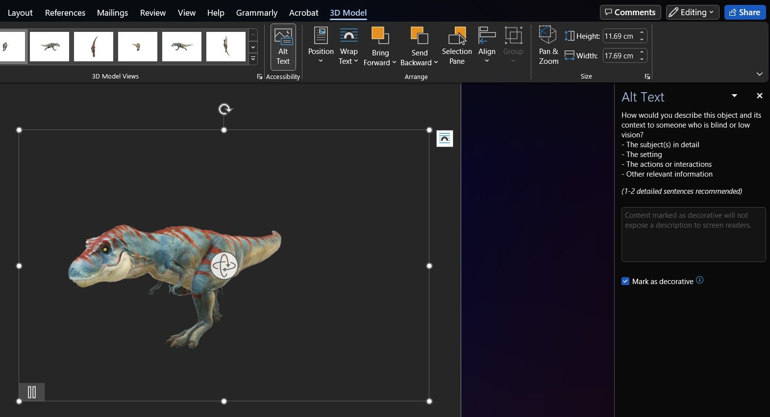 Добавление alt‑текста к 3D‑модели T‑Rex в Microsoft Word