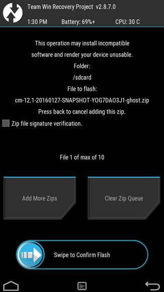 TWRP: подтверждение установки ROM