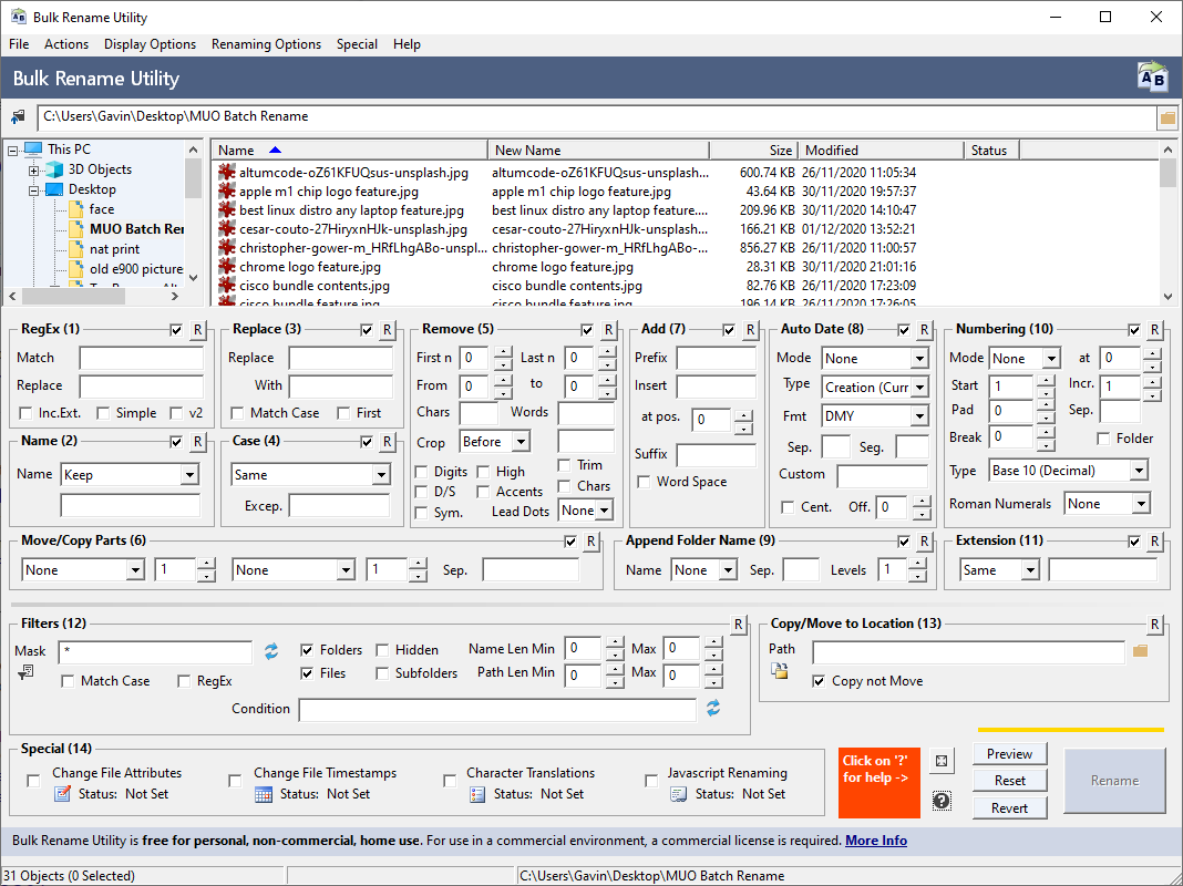 Bulk Rename Utility — окно программы