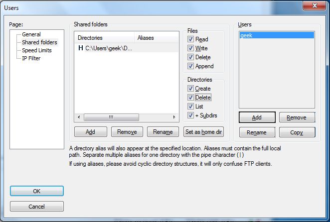 Права доступа для пользователя FTP