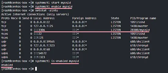 Schermata: Avvio e abilitazione servizio MySQL su Linux