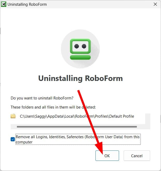 Подтверждение удаления RoboForm — нажать Yes