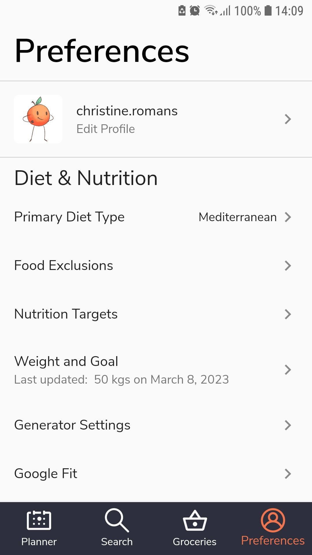 Экран настроек предпочтений в приложении Eat This Much
