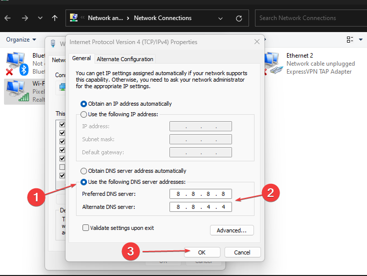 Пример указания DNS-серверов (Google DNS)