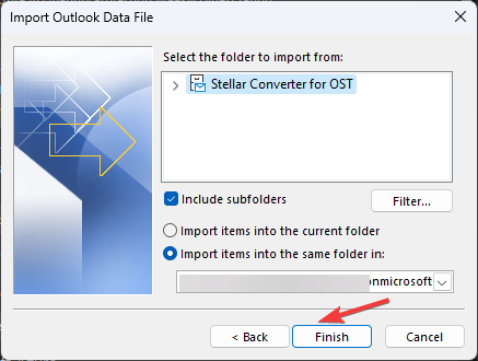 Confirmação de importação concluída no Outlook