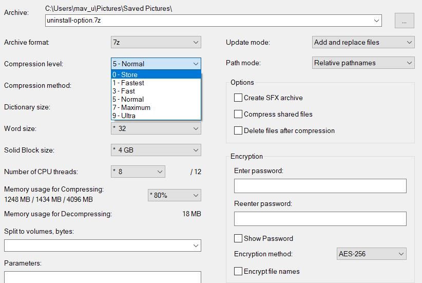 Меню выбора уровня сжатия 7‑Zip