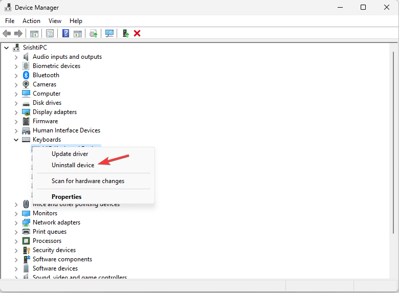 Удаление устройства клавиатуры