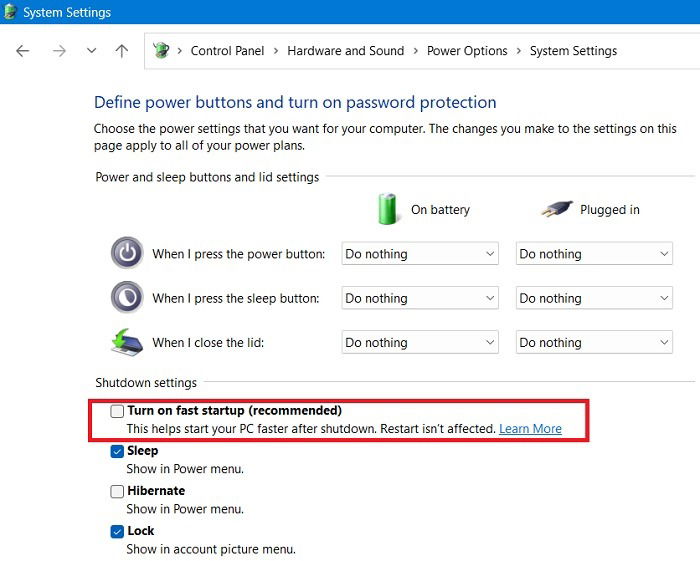 Отключение Быстрого запуска в параметрах питания