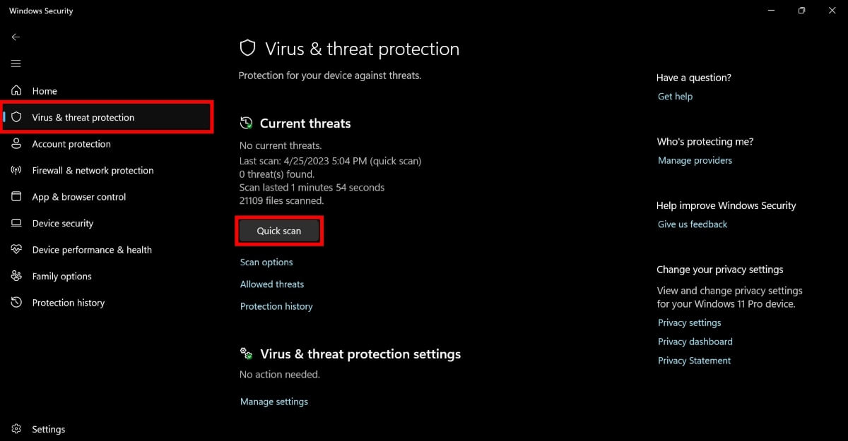 Botón de Análisis rápido en Windows Security