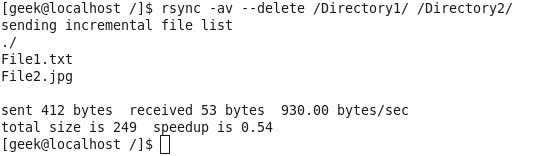 Скриншот вывода rsync, показывающий обновление и копирование файлов