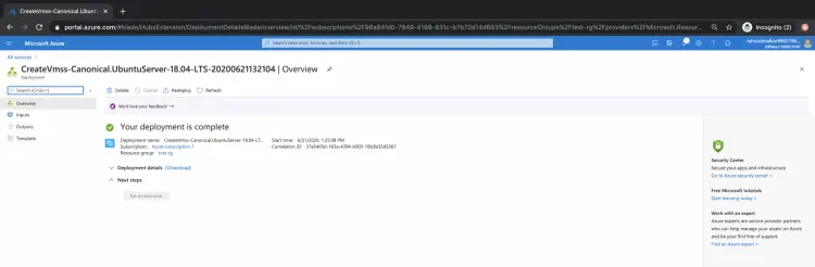 Уведомление о завершении развертывания и ссылка на группу ресурсов