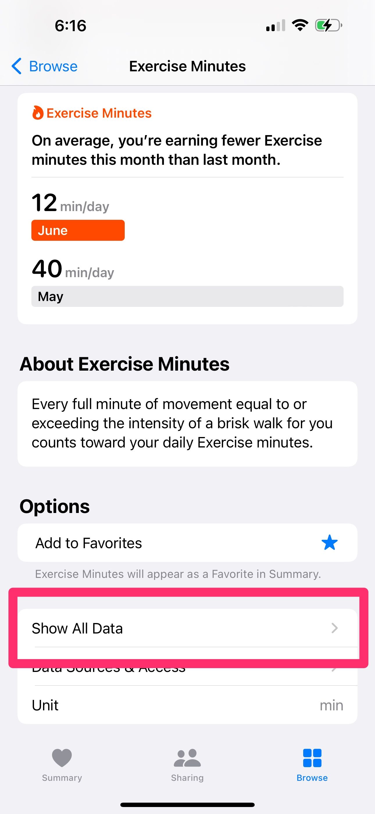 Раздел Минуты упражнений в приложении «Здоровье», выделена кнопка Показать все данные