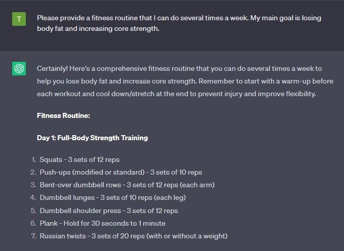 Пример недельного расписания тренировок от ChatGPT