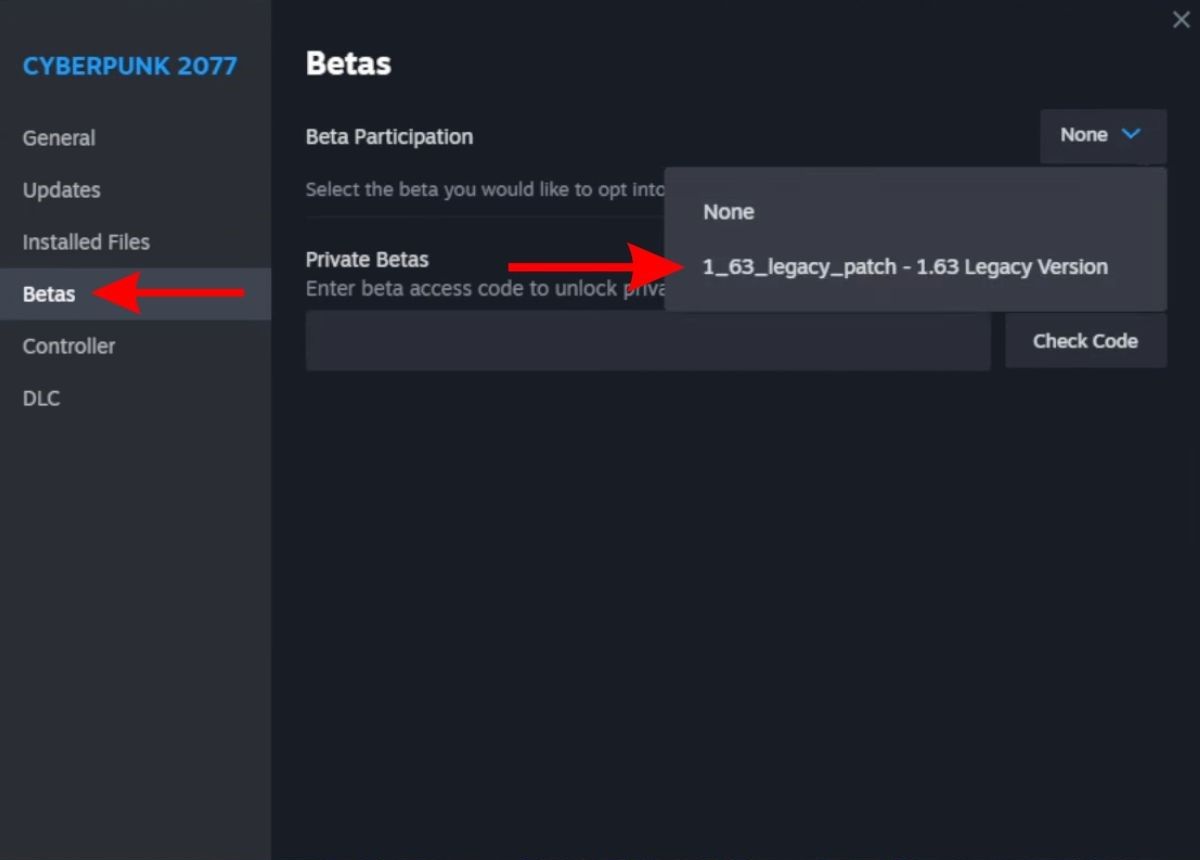 Откат Cyberpunk 2077 до версии 1.63 в свойствах игры через Steam