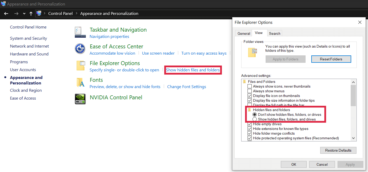 Параметры: показать скрытые файлы и папки