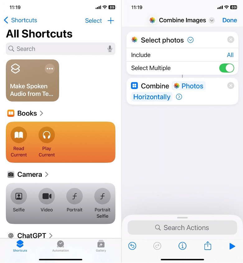 Пример интерфейса Shortcuts для объединения изображений