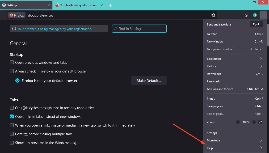 Меню Firefox с пунктом «Справка»