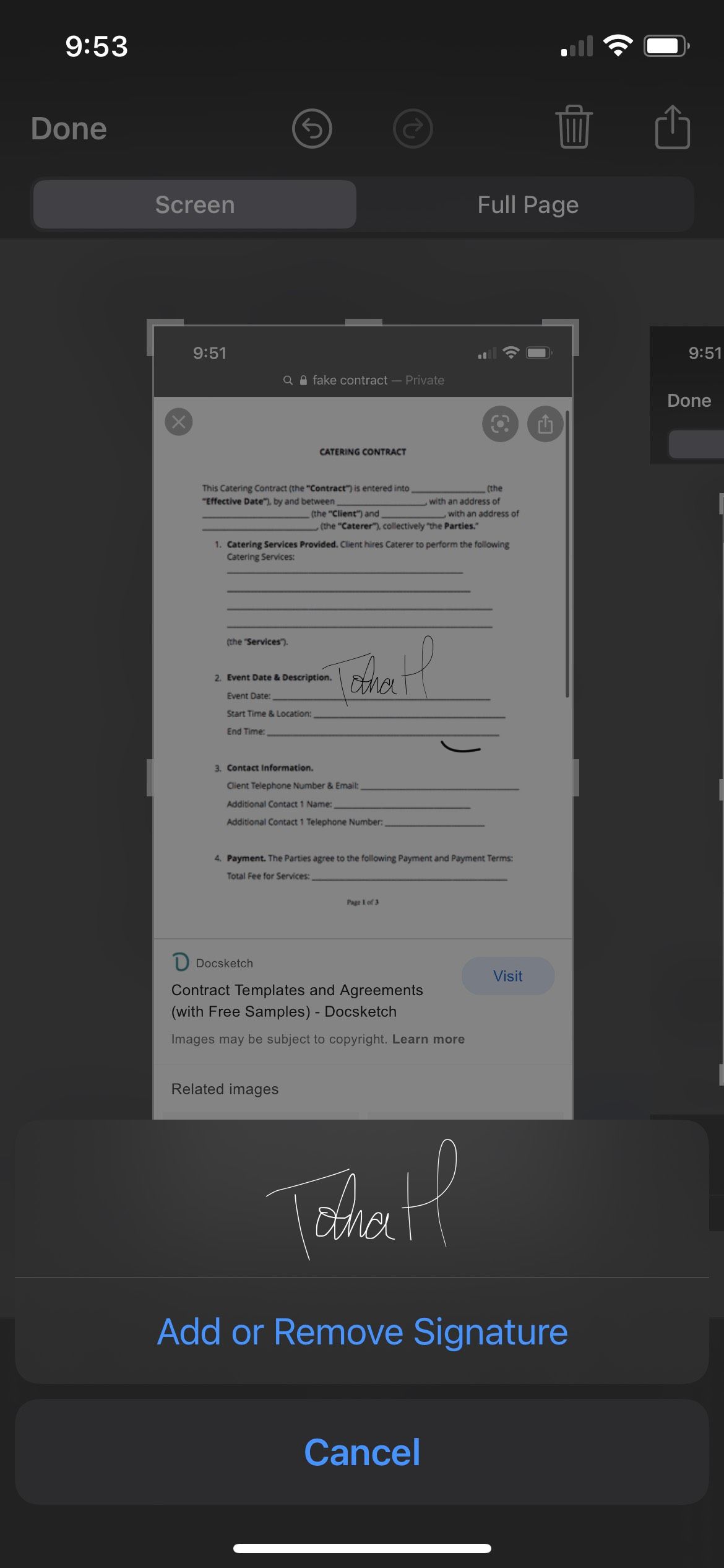 Опции подписи в скриншоте iPhone