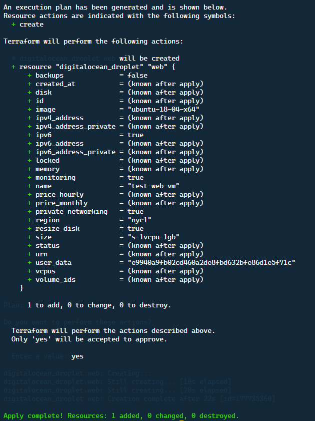 Экран развёртывания Droplet в консоли