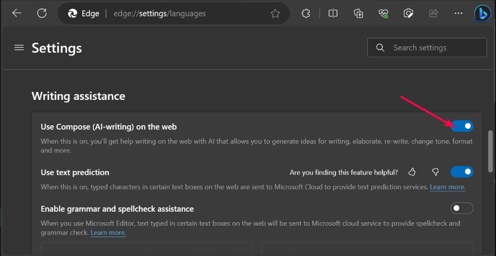 Скриншот: переключатель «Использовать Compose (AI-помощник) в интернете» в настройках Edge
