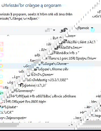 インストール済みプログラム一覧でChromeを探すスクリーンショット