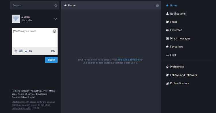 Панель управления Mastodon после завершения установки