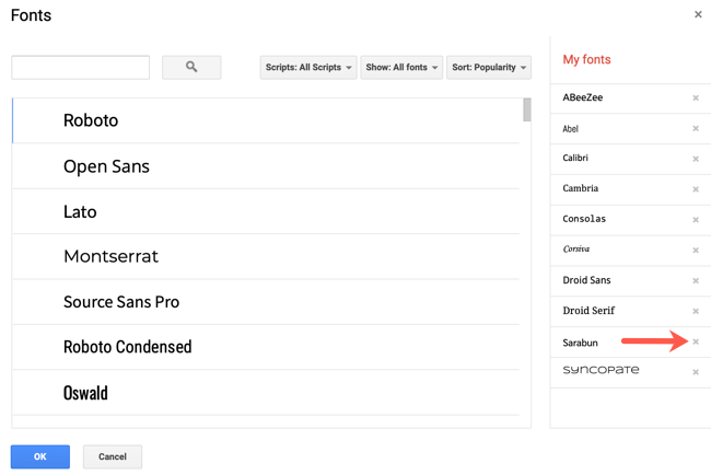Кнопка «X» для удаления шрифта из Моих шрифтов