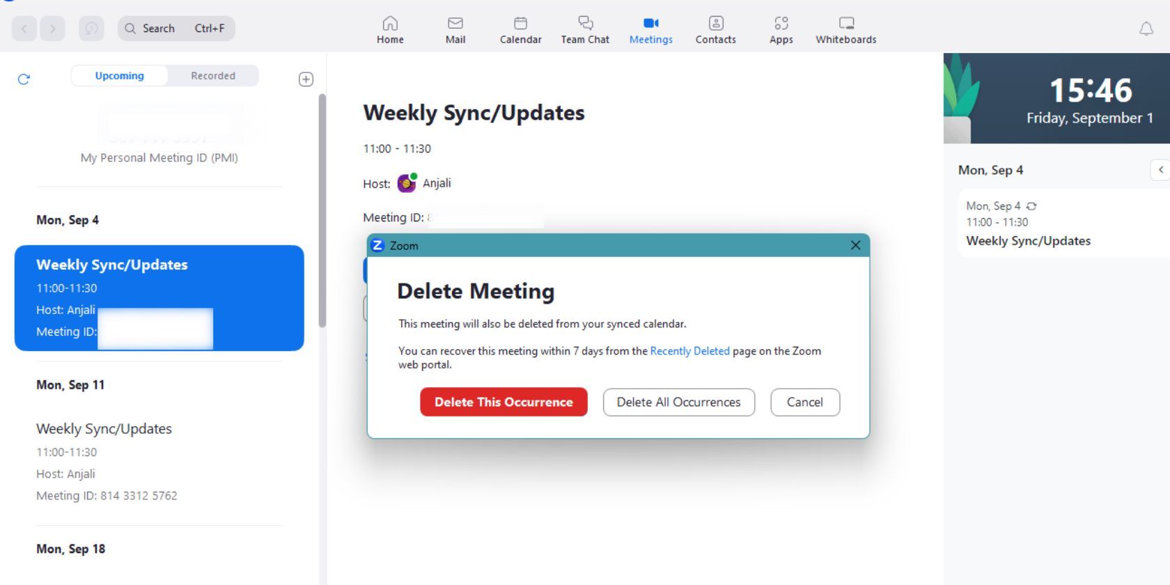 Screenshot of Zoom showing the Deletion popup that confirms whether one/all occurrences have to be deleted.