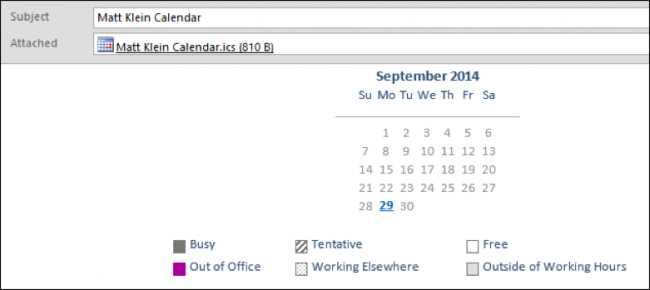 Календарь, вставленный в тело письма и как вложение