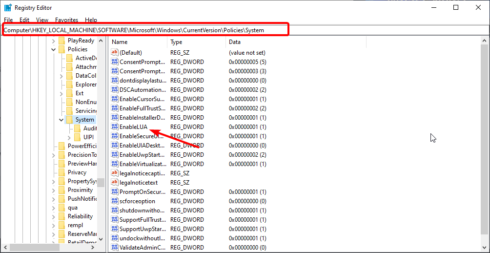 Параметр EnableLUA в реестре