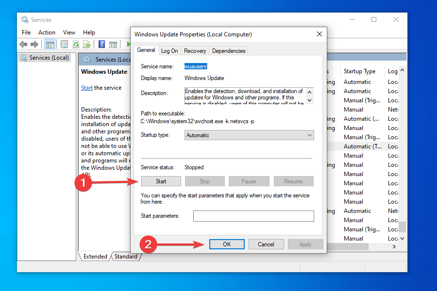 Запустить службу Windows Update
