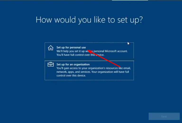 Выбор 'Set up for personal use' при установке