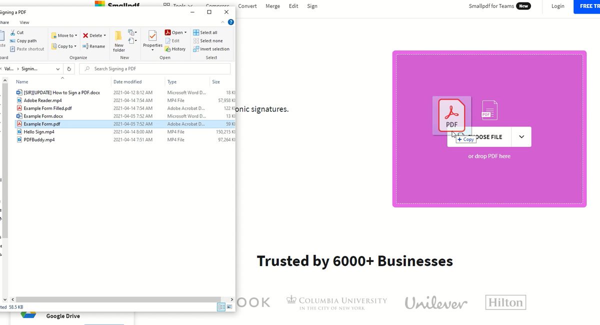 Окно выбора PDF для электронной подписи в Smallpdf