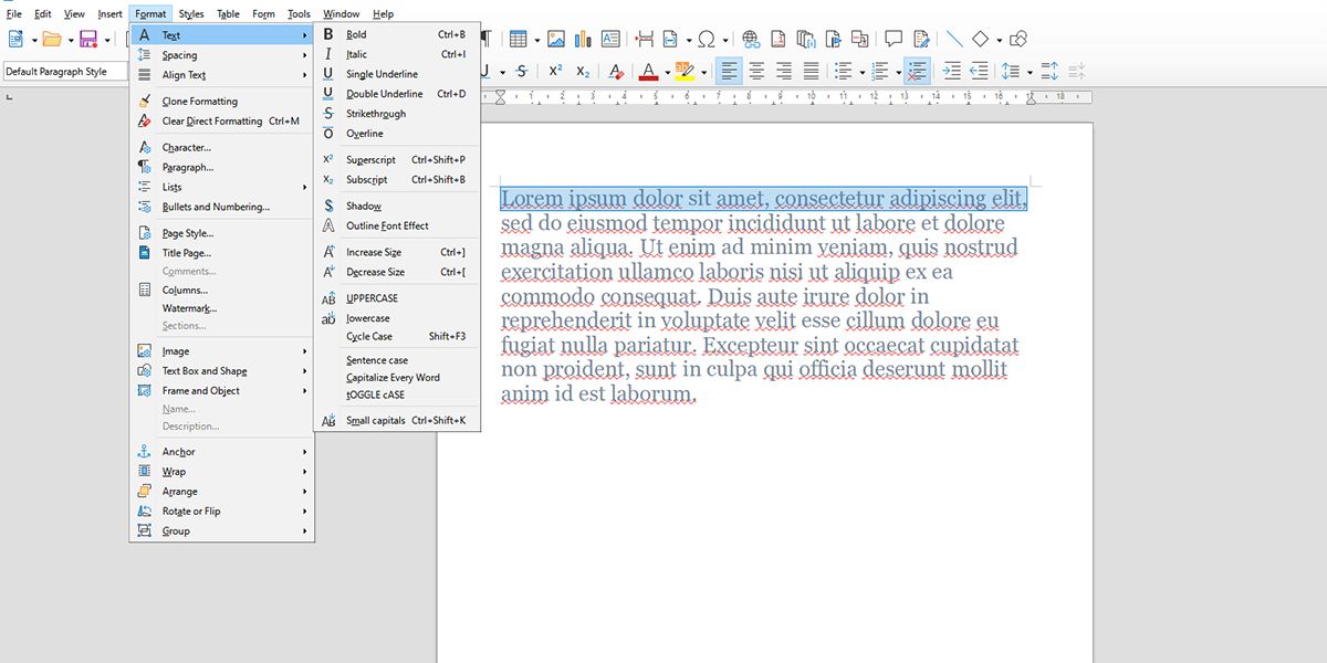 Параметры текста в LibreOffice: меню Формат