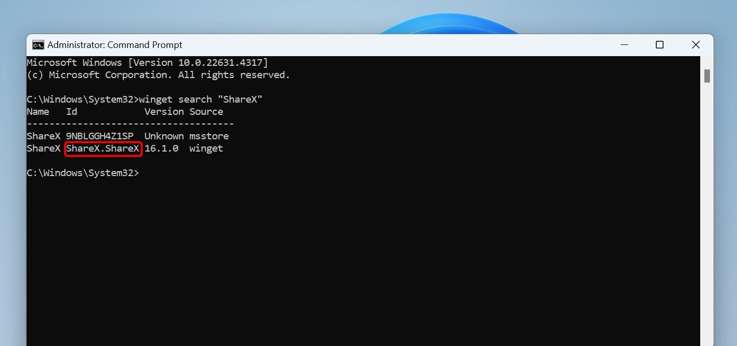 Выделен идентификатор приложения в результатах поиска Winget.