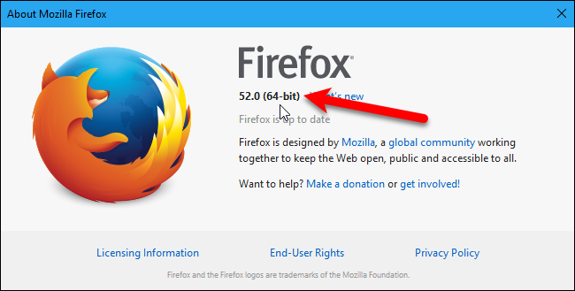 Окно About Firefox показывает метку 64‑bit рядом с версией