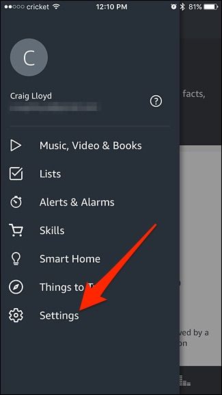 Экран настроек приложения Alexa