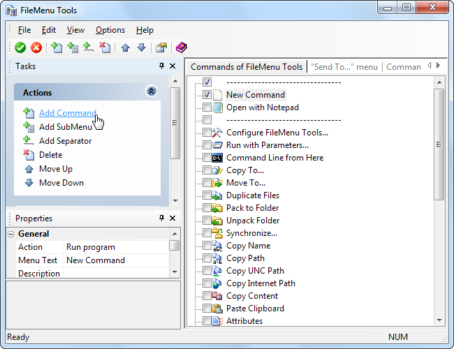 Кнопка Add Command в интерфейсе FileMenu Tools