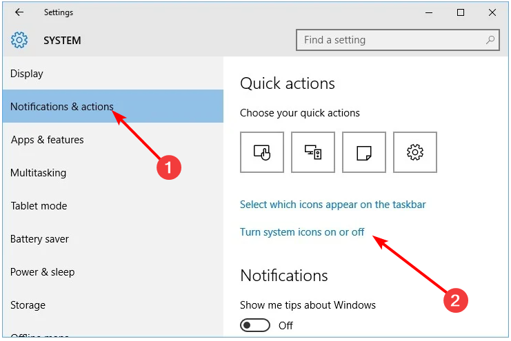Список системных значков с переключателями